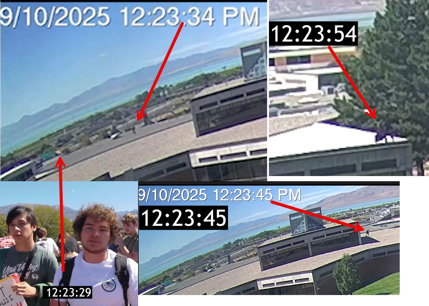 Surveillance camera stills from 9/10/2025 showing movement from shooting position to NE corner of Losee Center building in 25 seconds