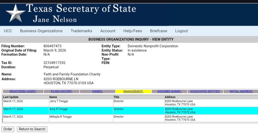 Texas Secretary of State record for Faith and Family Foundation Charity