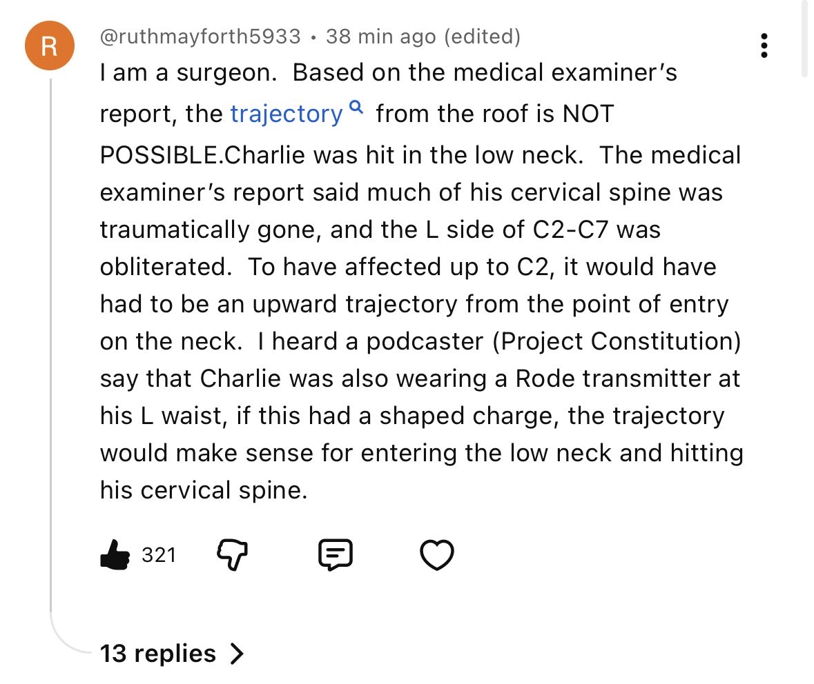 Screenshot of a YouTube comment by @ruthmayforth5933, self-identified as a surgeon, arguing that the rooftop trajectory is not possible given that the left side of C2-C7 was obliterated, and that a shaped charge at the left waist would explain an upward path.