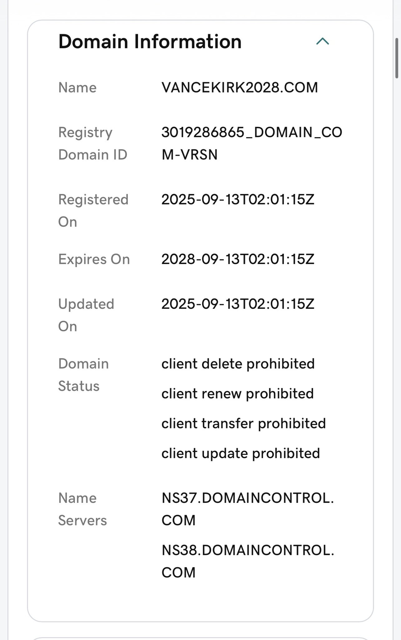 GoDaddy WHOIS Domain Information for VANCEKIRK2028.COM showing Registered On 2025-09-13T02:01:15Z and Expires On 2028-09-13T02:01:15Z