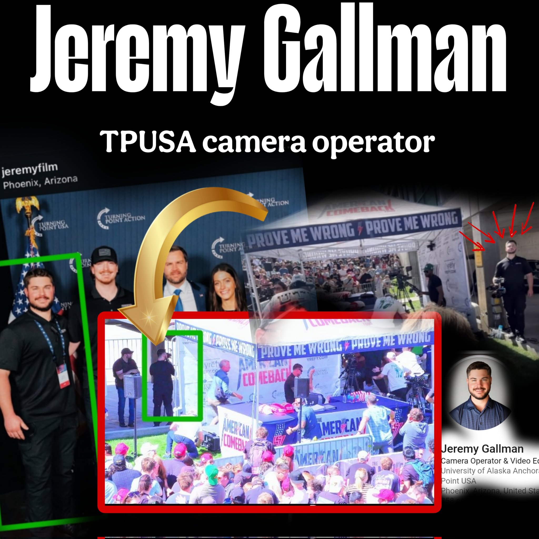 Graphic naming Jeremy Gallman as a Turning Point USA camera operator, combining a Turning Point Action group photo with a frame of a camera operator at work
