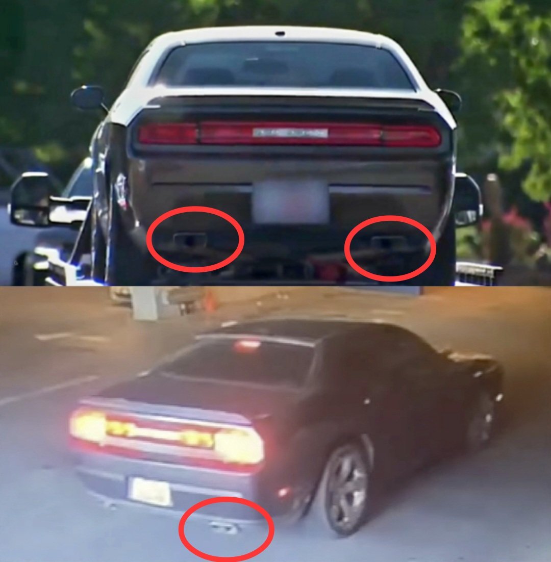 Two-panel comparison with red circles on the exhaust. Top: Tyler Robinson's Challenger on a tow truck at impound, one tip at each rear corner. Bottom: the Challenger in the UVU parking garage, two tips side by side under one corner.