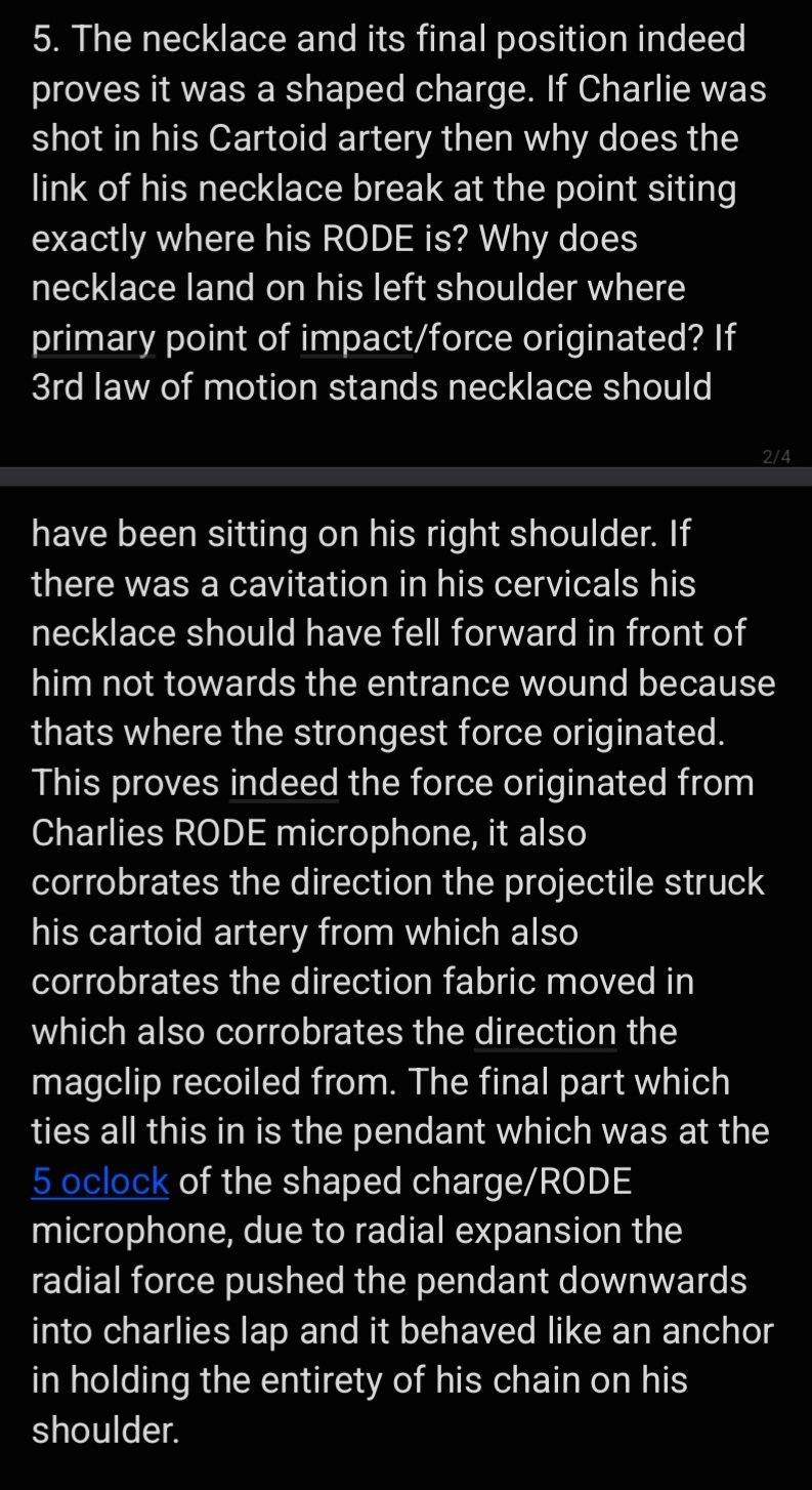 Text card for point 5, arguing the necklace's broken link and final position on the left shoulder indicate a shaped charge at the microphone.