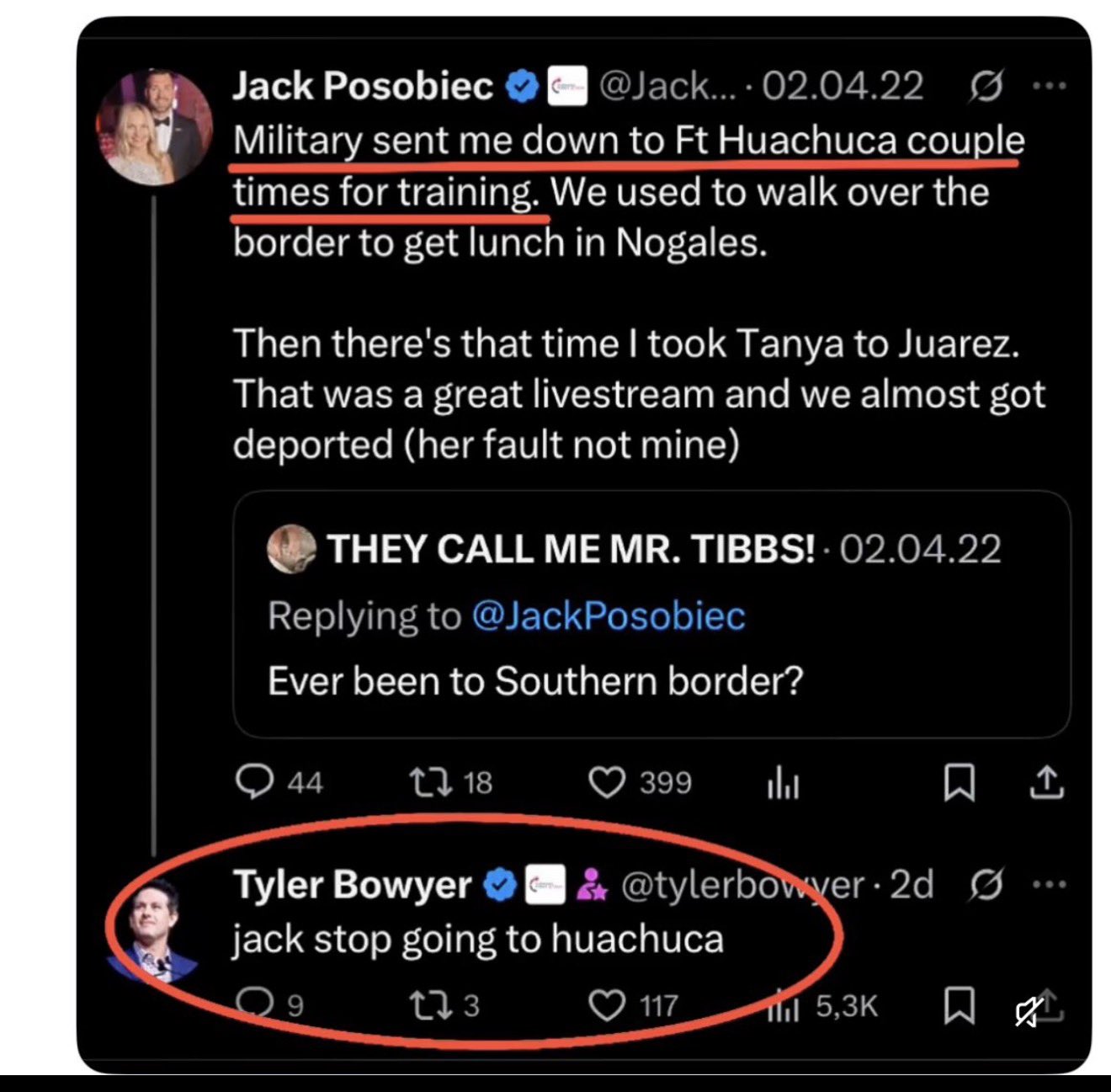 Screenshot of a February 2022 exchange: Jack Posobiec describes military training trips to Fort Huachuca and border crossings to Nogales and Juarez; Tyler Bowyer replies 'jack stop going to huachuca'