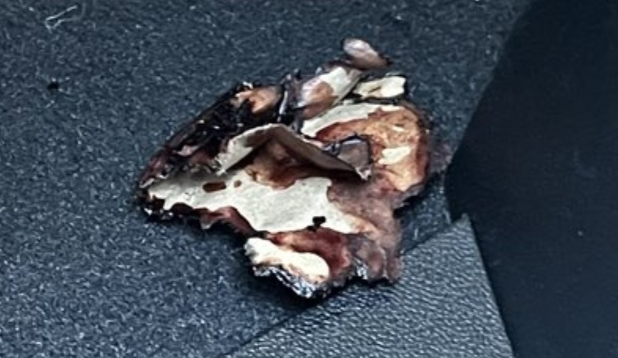 Unannotated close-up of the charred object resting on the dark upholstery of the SUV