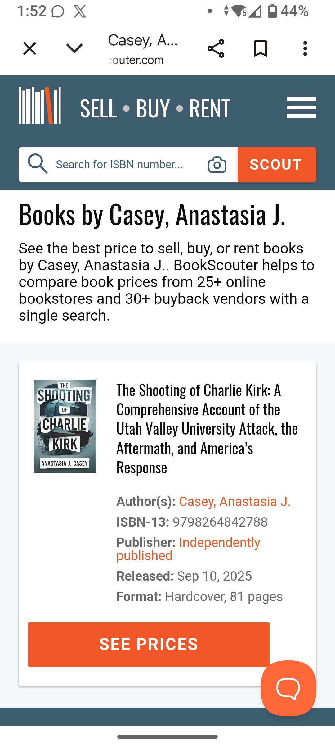BookScouter author page, Books by Casey, Anastasia J., listing one title: The Shooting of Charlie Kirk, ISBN-13 9798264842788, released Sep 10, 2025, hardcover, 81 pages
