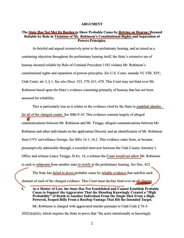 Page 2 of a defense brief in State v. Tyler Robinson, headed ARGUMENT, arguing the State has not met its burden to show probable cause by evidence deemed reliable under Rule 1102, and that the State cannot establish the high-probability-of-death aggravator.
