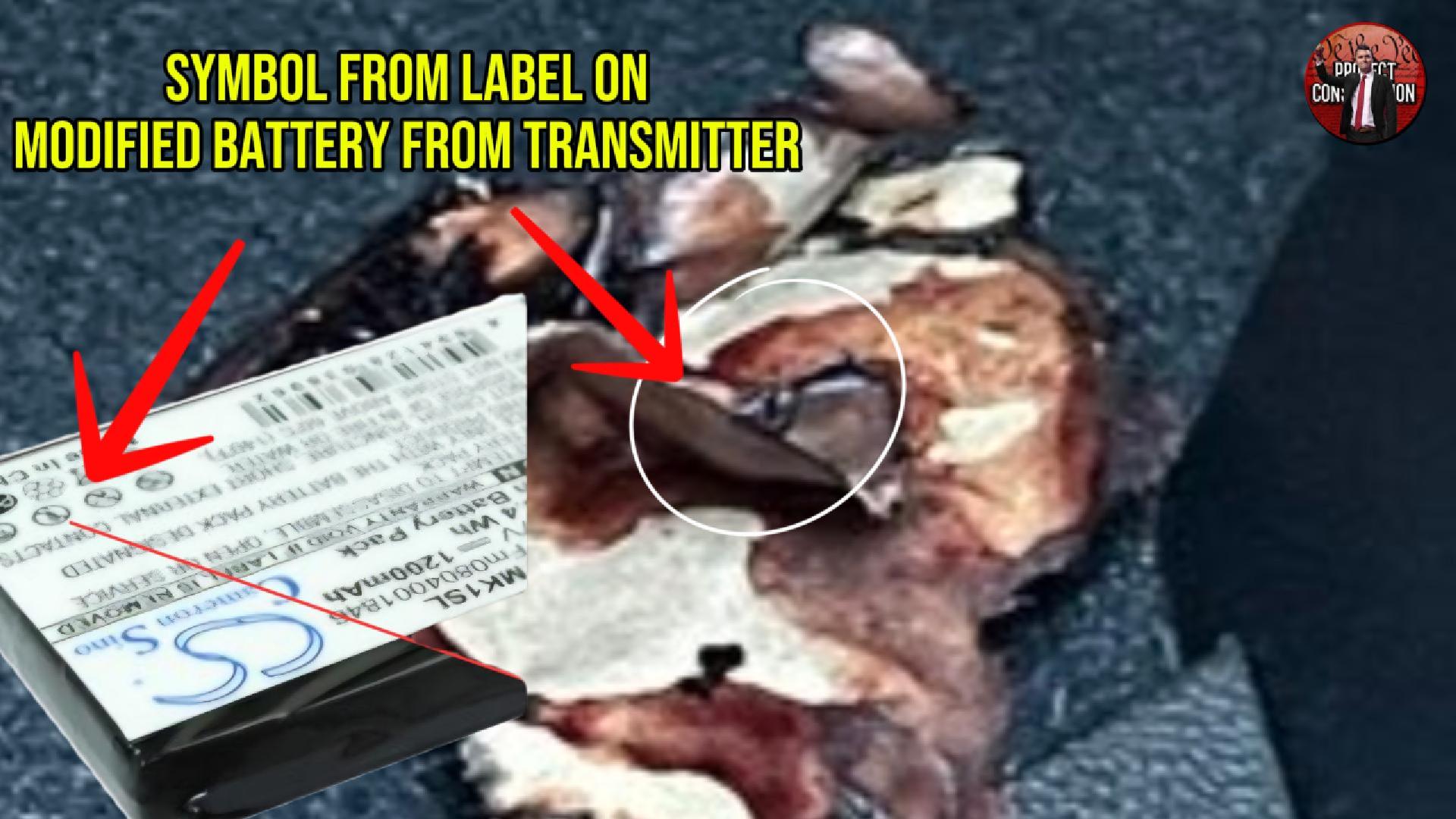 Annotated image labelled 'Symbol from label on modified battery from transmitter' comparing a battery pack label to a circled fragment in the burnt mass