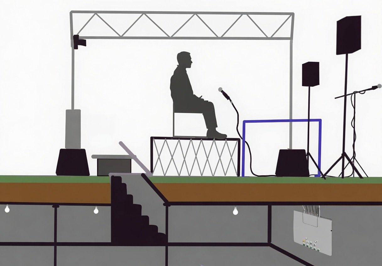 Cross-section diagram of the claimed setup: speaker on a raised platform with a corded microphone, an IR camera on the truss, and an underground cavity containing an electrical tap