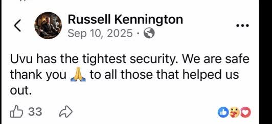 Screenshot of a September 10, 2025 social media post reading: UVU has the tightest security. We are safe