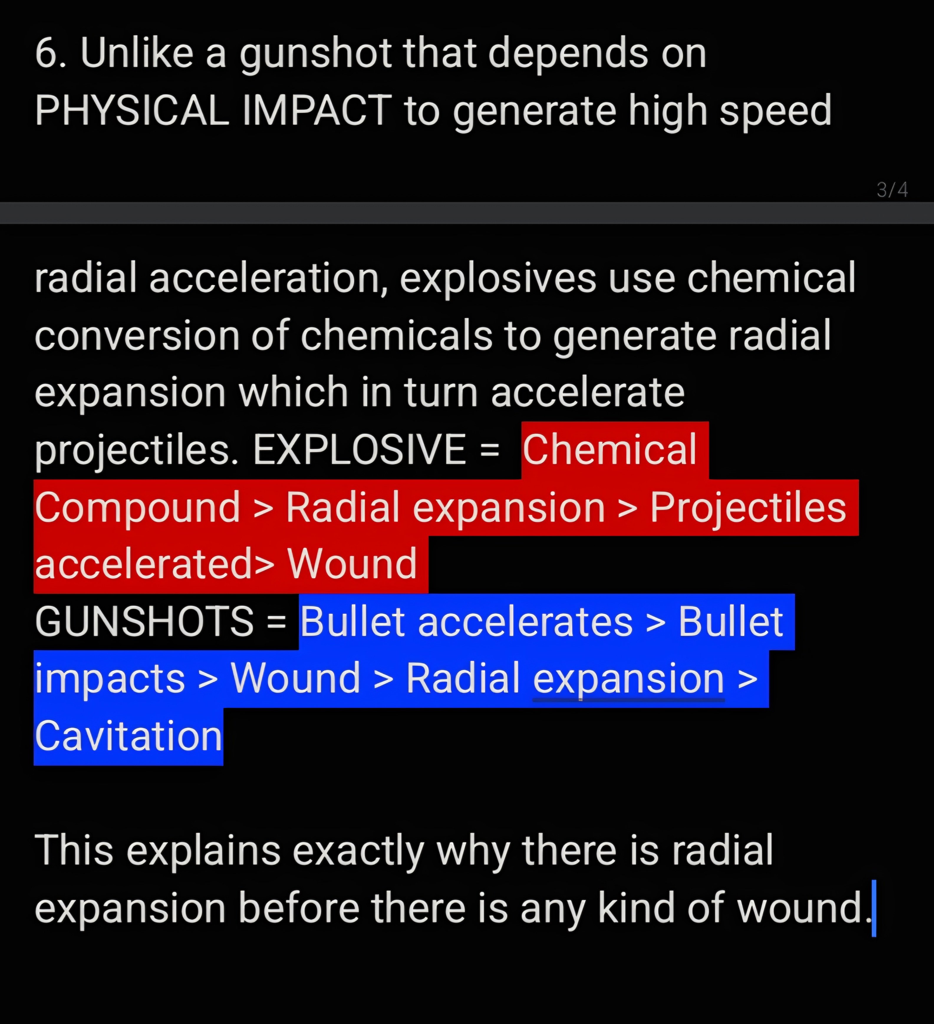 Text card for point 6 with two diagrams contrasting explosive chemical conversion producing radial expansion against a gunshot depending on physical impact.