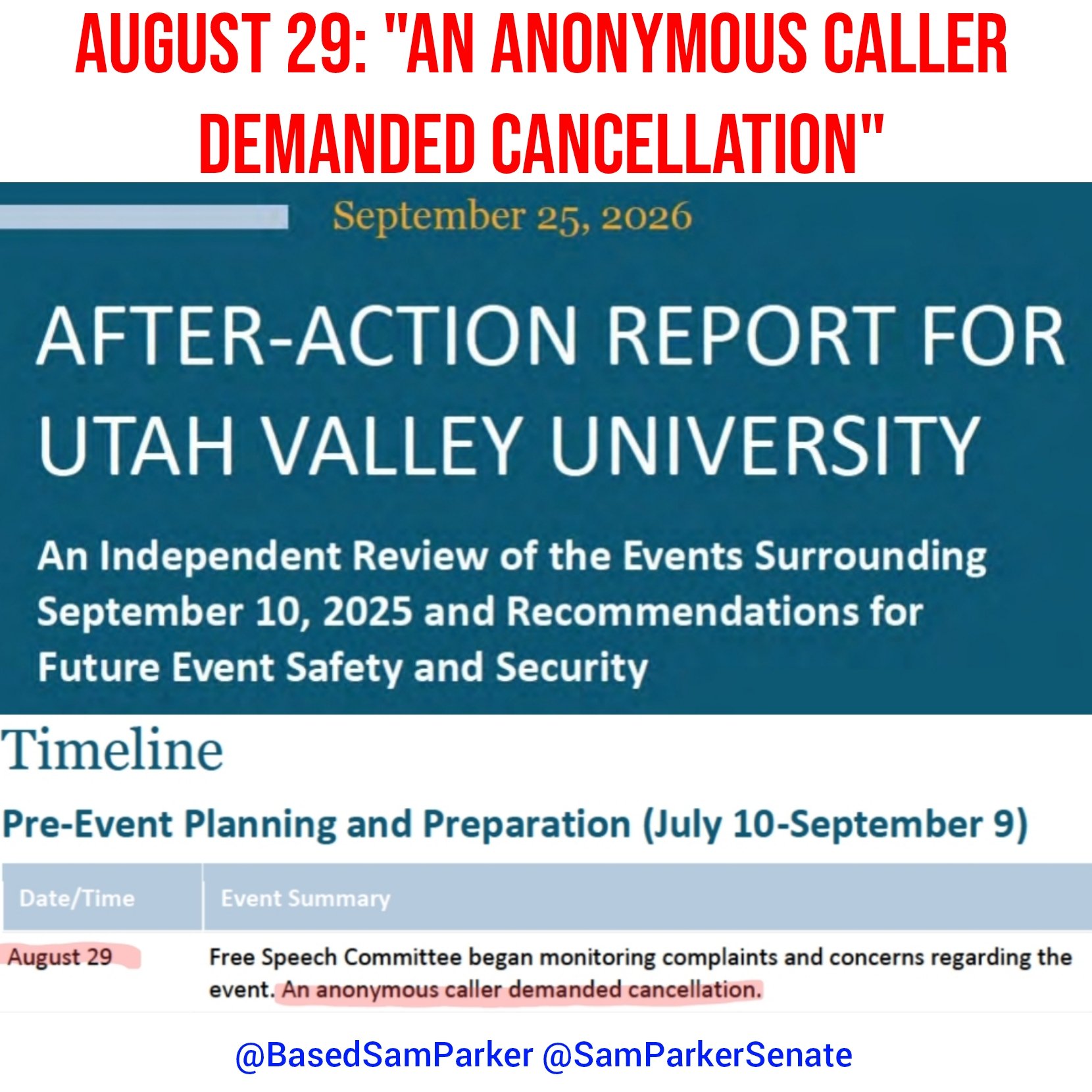Graphic headed August 29: An anonymous caller demanded cancellation, showing the cover of the September 25, 2026 After-Action Report for Utah Valley University and the August 29 row of its pre-event timeline, with the sentence highlighted
