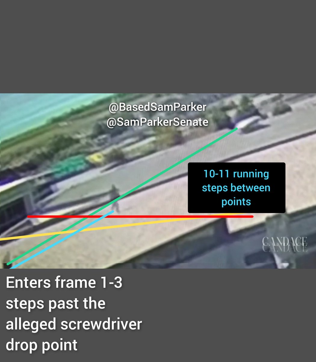 Annotated surveillance still of the Losee Center roof with colored reference lines and a callout reading 10-11 running steps between points