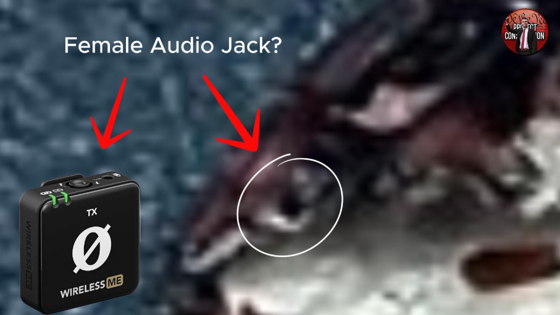 Annotated image labelled 'Female Audio Jack?' with red arrows pointing to a circled dark area of the burnt object, next to a product image of a RØDE Wireless ME TX transmitter