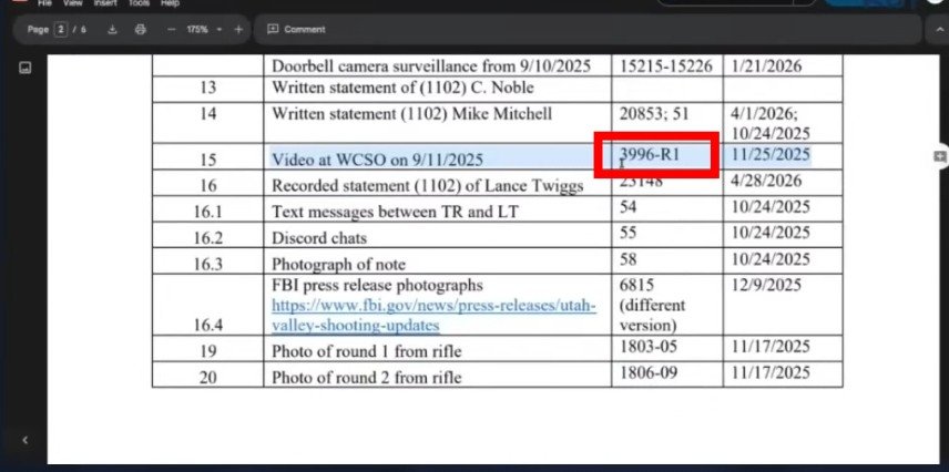 Discovery exhibit index page showing row 15, Video at WCSO on 9/11/2025, Bates number 3996-R1, disclosure date 11/25/2025, highlighted in red
