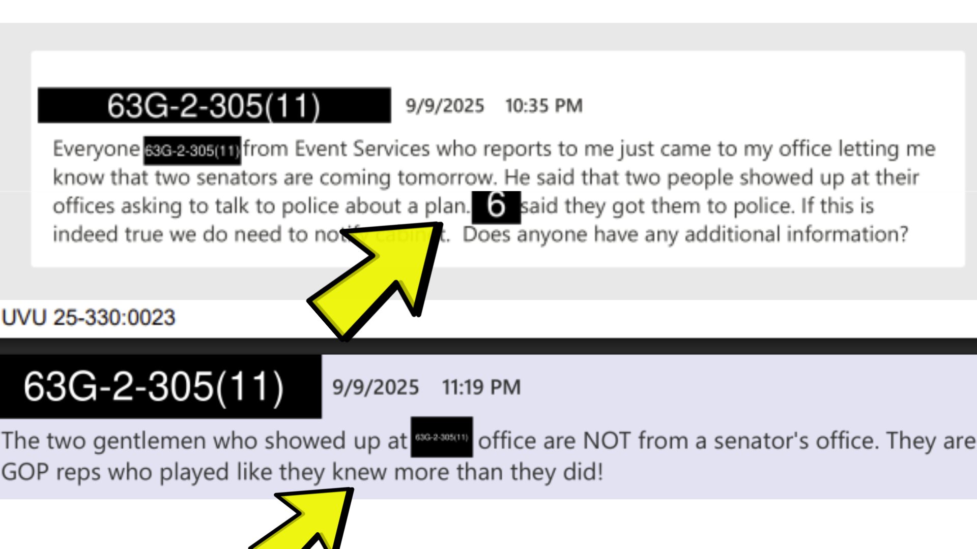 UVU GRAMA records showing redacted communications from 9/9/2025 about two men asking to speak with police about a plan
