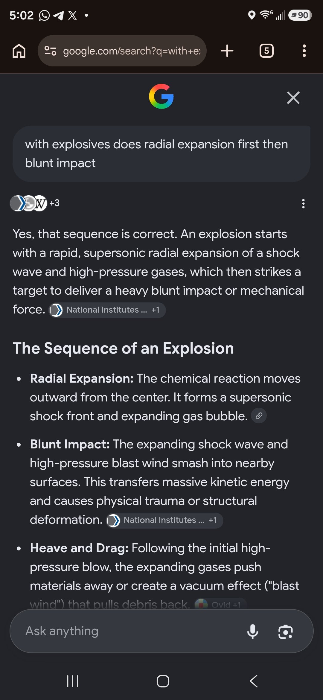 Phone screenshot of a search-engine AI answer describing an explosion sequence as supersonic radial expansion of a shock front followed by blunt impact, heave and drag.