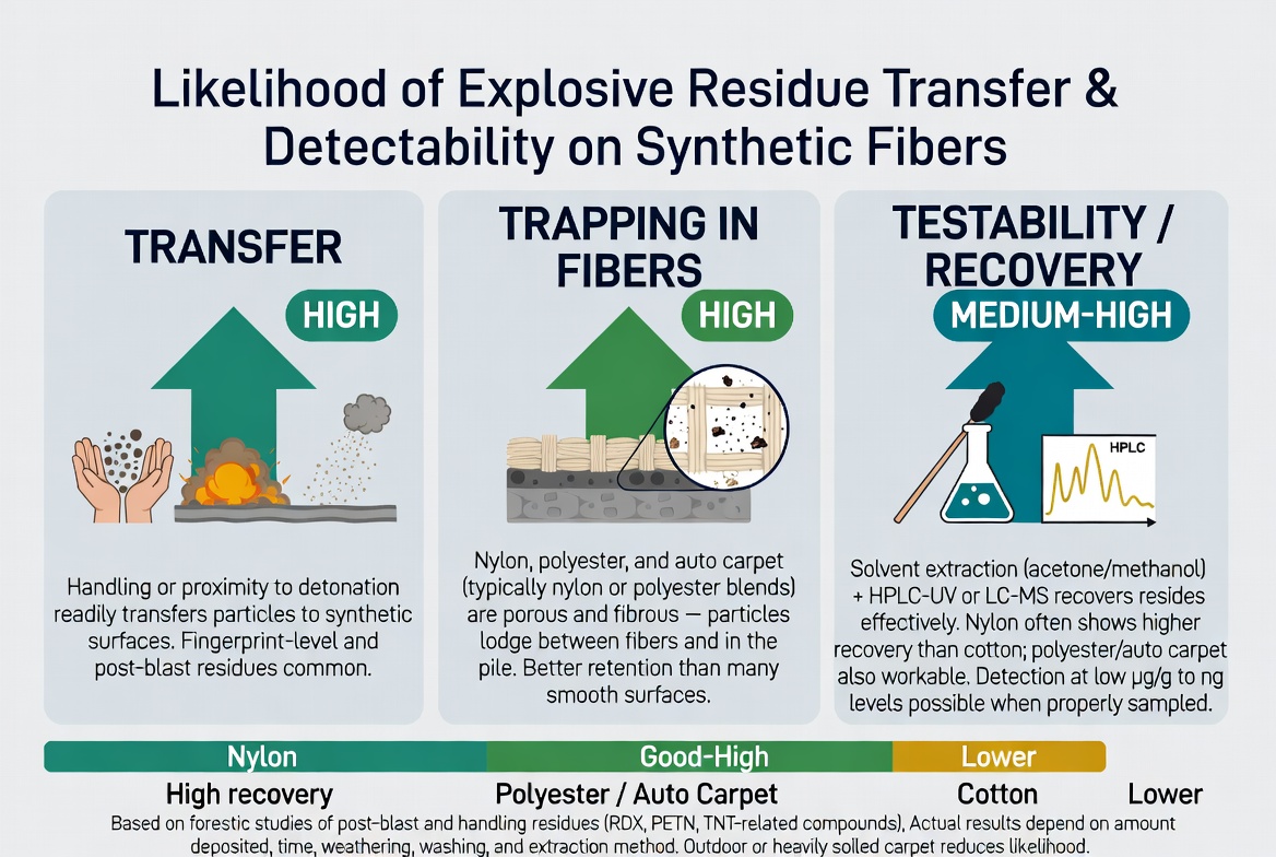 Infographic titled Likelihood of Explosive Residue Transfer and Detectability on Synthetic Fibers, with three panels: Transfer (High), Trapping in Fibers (High), and Testability / Recovery (Medium-High)