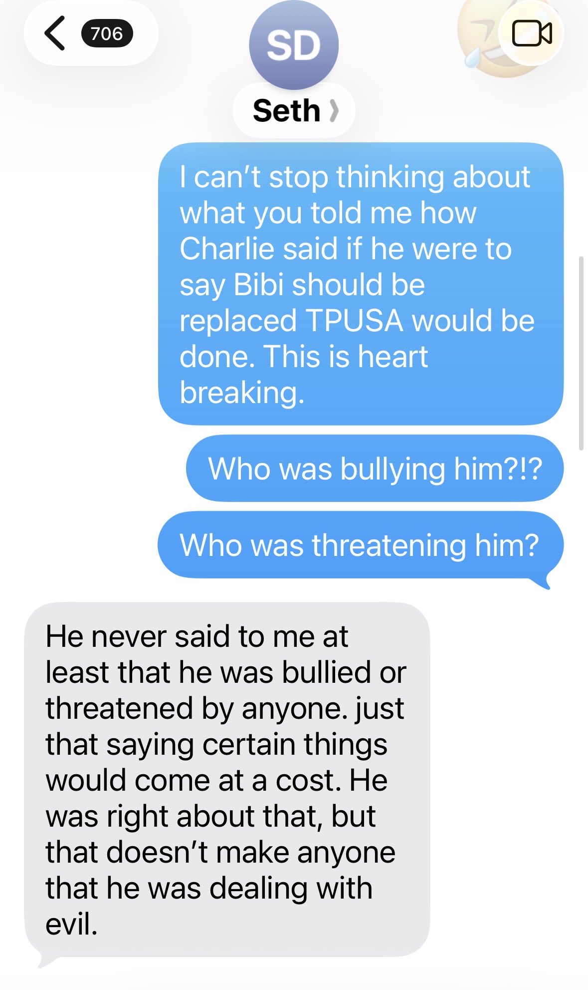 Screenshot of a text thread labeled Seth stating Charlie Kirk never said he was bullied or threatened, only that saying certain things would come at a cost