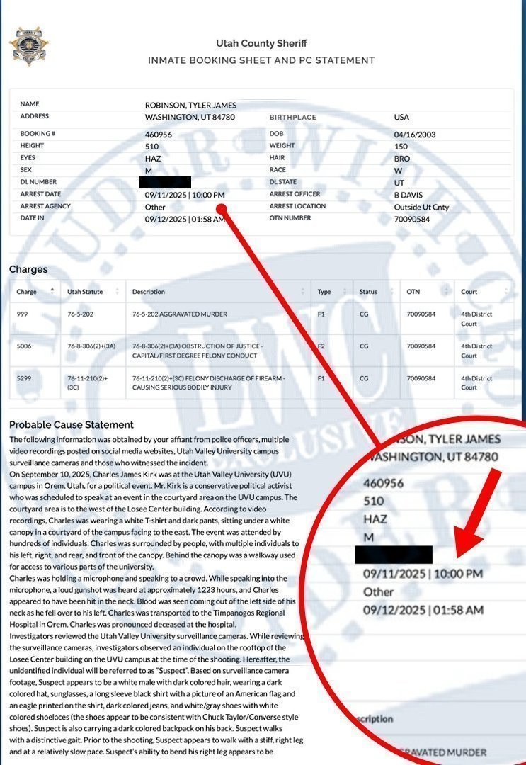 Utah County Sheriff Inmate Booking Sheet and Probable Cause Statement for Tyler James Robinson, showing arrest date 09/11/2025 10:00 PM and arrest officer DAVIS