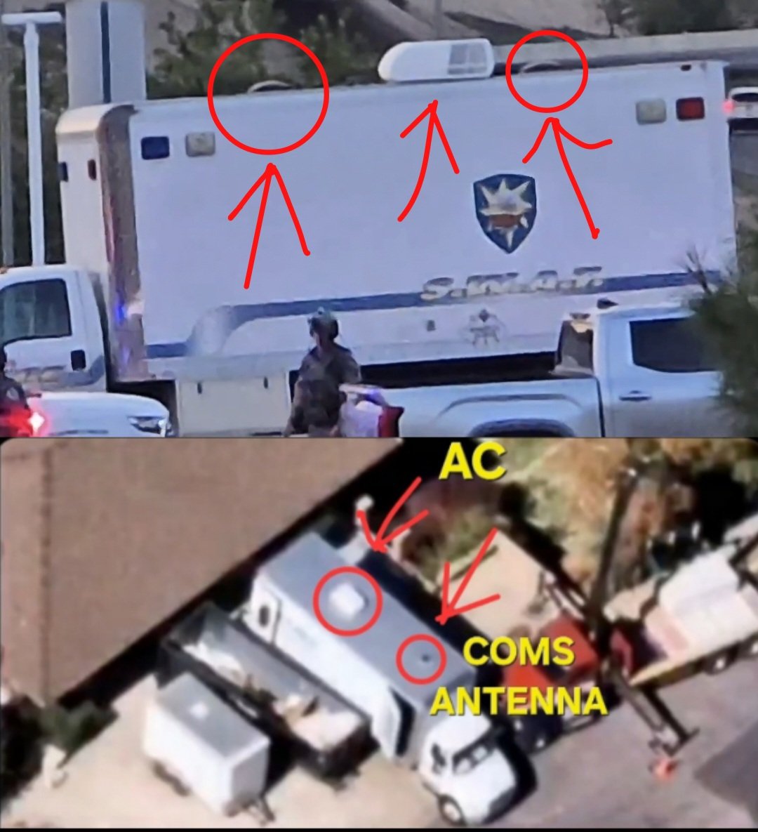 Two-panel comparison. Top: a white S.W.A.T. box truck photographed at ground level with three roof features circled in red. Bottom: an overhead frame of a white box truck with two roof features circled and labelled in yellow, AC and COMS ANTENNA.