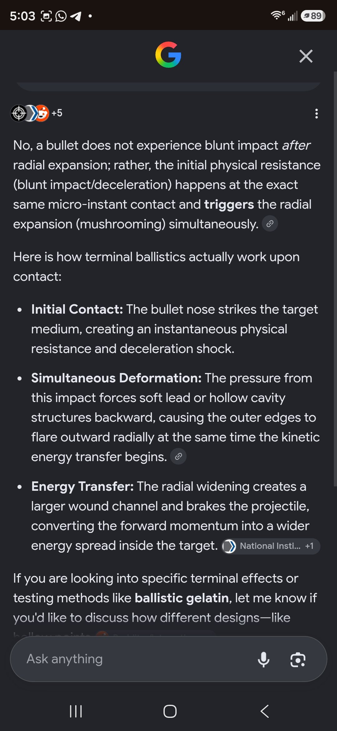 Phone screenshot of a search-engine AI answer explaining that a bullet's deceleration and radial mushrooming happen at the same micro-instant as contact, not before it.