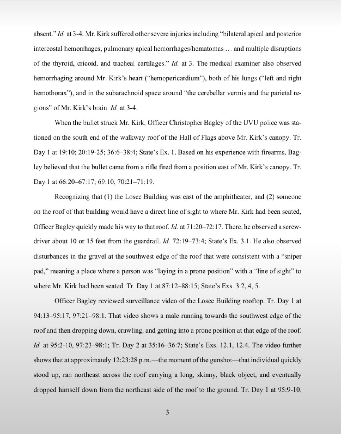 Page 3 of the court filing quoting the Medical Examiner: bilateral apical and posterior intercostal hemorrhages, pulmonary apical hemorrhages/hematomas, multiple disruptions of the thyroid, cricoid and tracheal cartilages, hemopericardium, left and right hemothorax, and subarachnoid hemorrhaging.