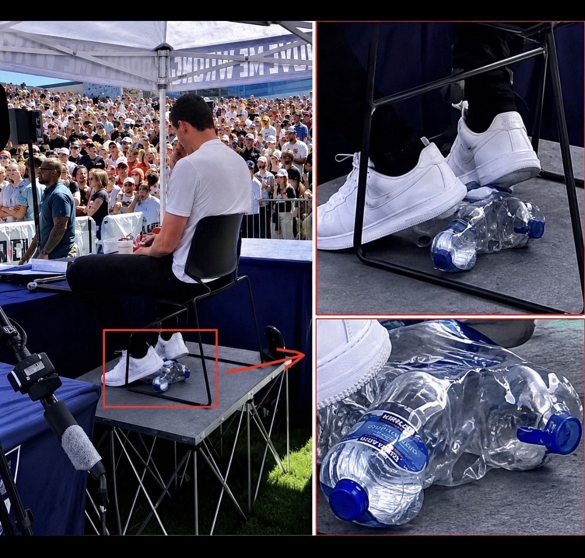 Composite image showing Charlie Kirk seated under the UVU tent with his white sneakers resting on crushed plastic water bottles on the platform, with two zoomed crops at right