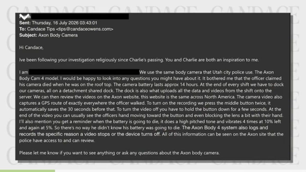 Screenshot of an anonymous email to the Candace Owens tips line describing Axon Body Cam 4 behavior