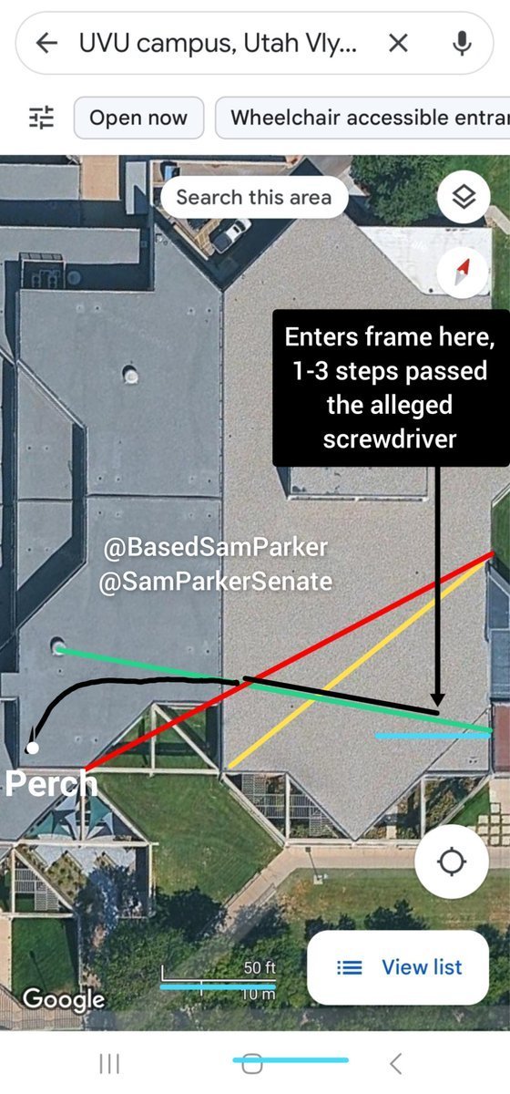 Google Maps aerial view of the UVU Losee Center roof annotated with a marked 'Perch' position and colored lines tracing the run path