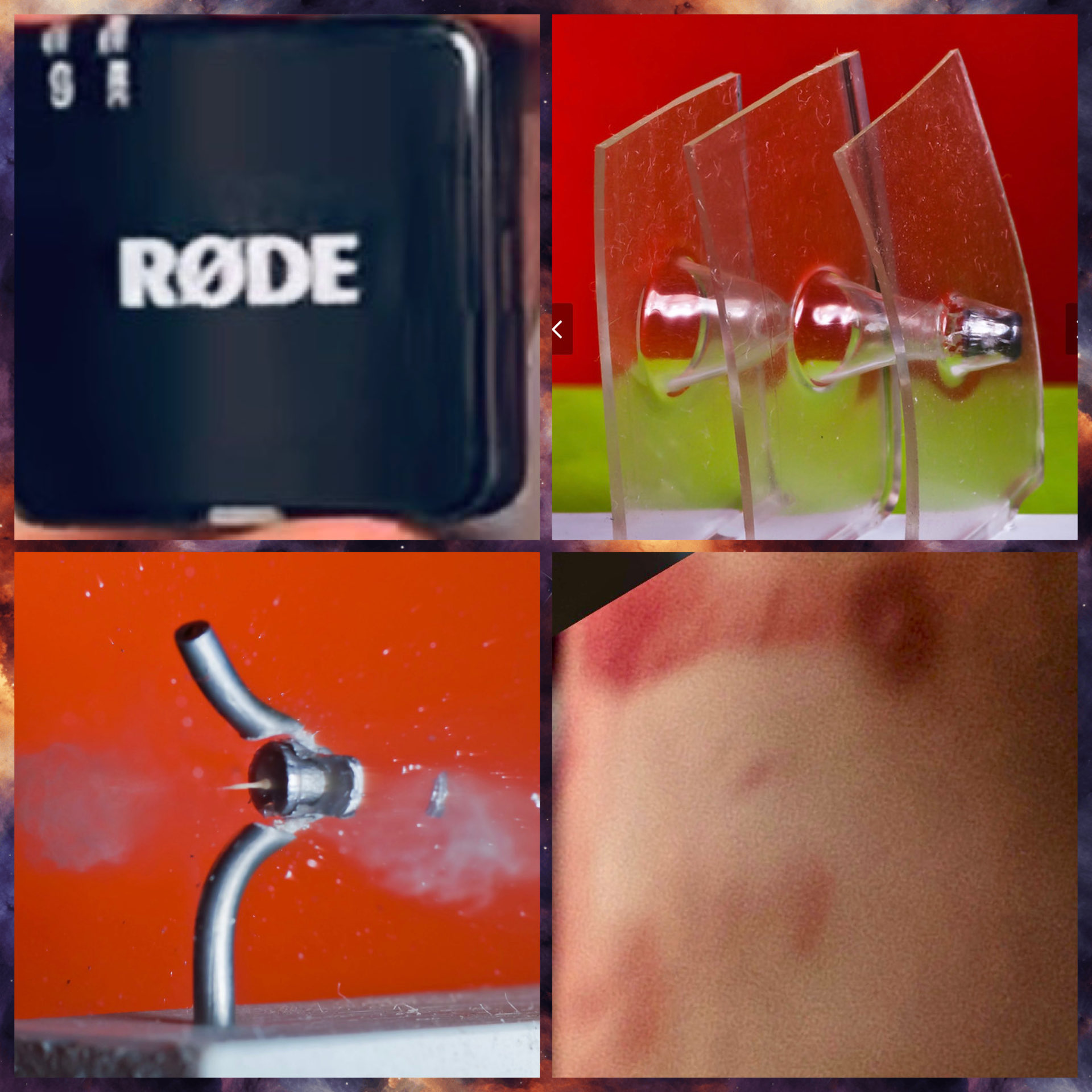 Four-panel composite from the parent post: a RODE wireless receiver, a laboratory shaped-charge demonstration, a high-speed frame of a shaped-charge jet, and a close-up of skin