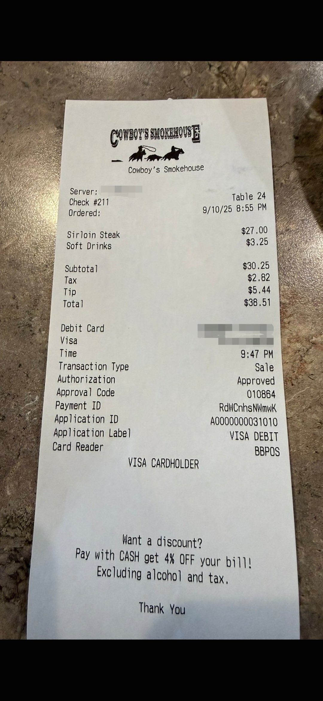 The Cowboy's Smokehouse receipt for the evening of September 10, 2025, posted by the citizen journalist as the Panguitch receipt identified by restaurant servers