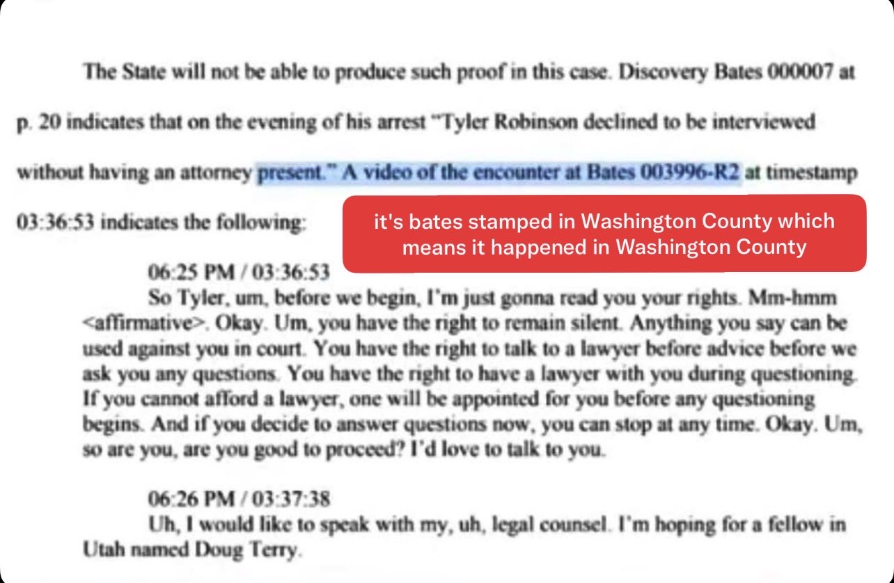 Defense filing quoting the Bates 003996-R2 video: 06:25 PM Miranda reading and 06:26 PM invocation of counsel, bates-stamped Washington County