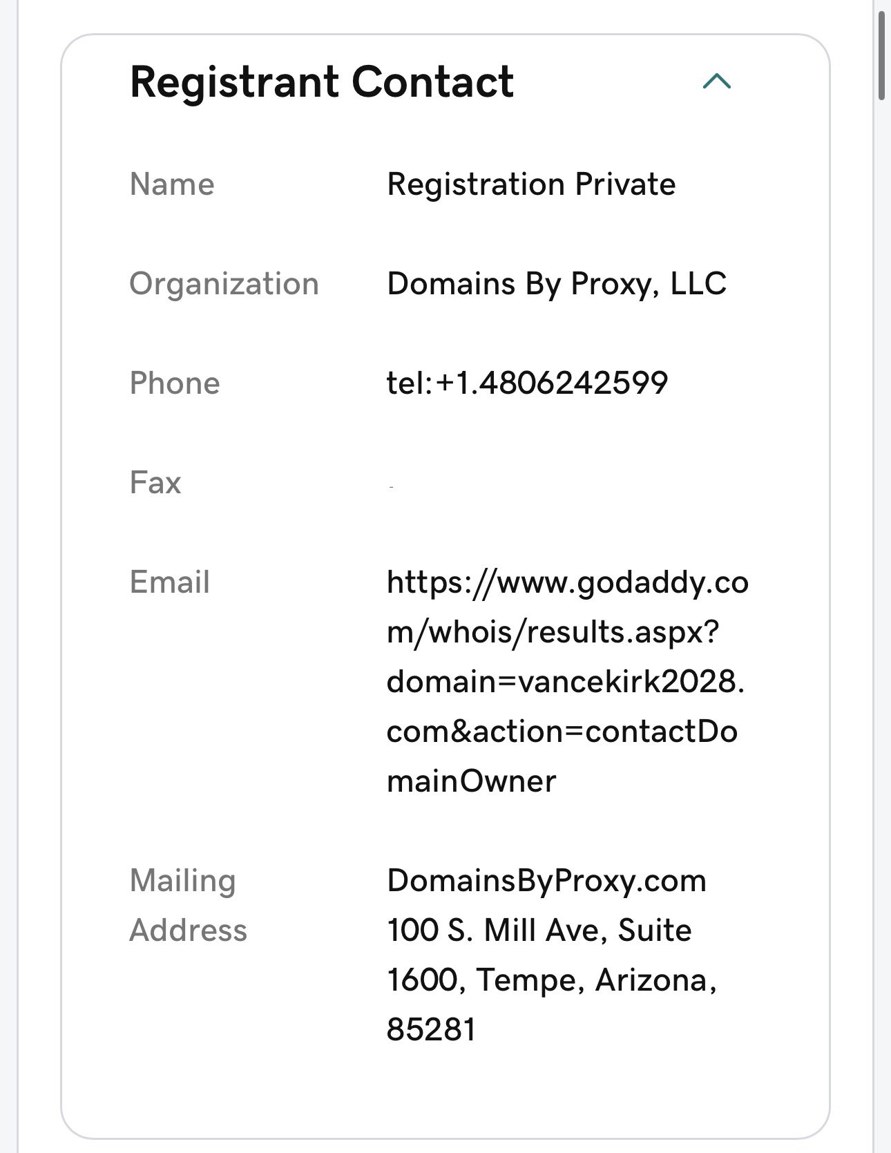 GoDaddy WHOIS Registrant Contact for vancekirk2028.com showing Registration Private and Domains By Proxy, LLC