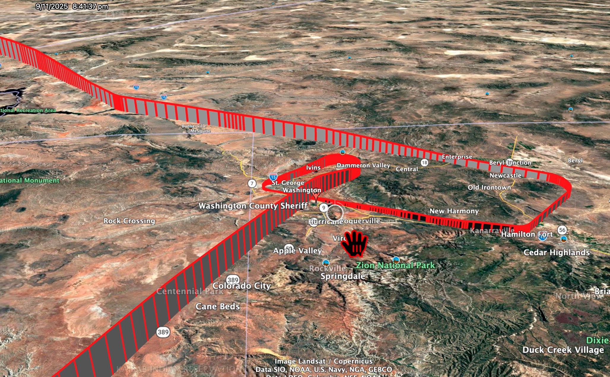 Google Earth 3D render of southwest Utah looking northeast, timestamped 9/11/2025 8:41:37 pm. A red ADS-B altitude ribbon enters from the northwest past Bunkerville and Mesquite, runs southeast over St. George and Washington, turns tightly near a placemark labelled Washington County Sheriff, then loops east past New Harmony, Kanarraville, Hamilton Fort and Cedar Highlands before doubling back. A second long leg runs southwest across Colorado City, Cane Beds and the Kanab Indian Reservation. Zion National Park, Hurricane, Toquerville, Springdale and Rockville are labelled.