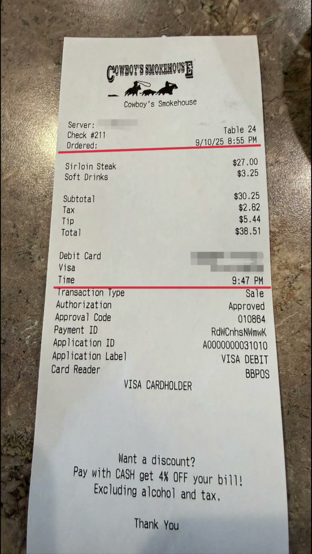Cowboy's Smokehouse receipt, Check #211, Table 24, ordered 9/10/25 8:55 PM, paid 9:47 PM, total $38.51