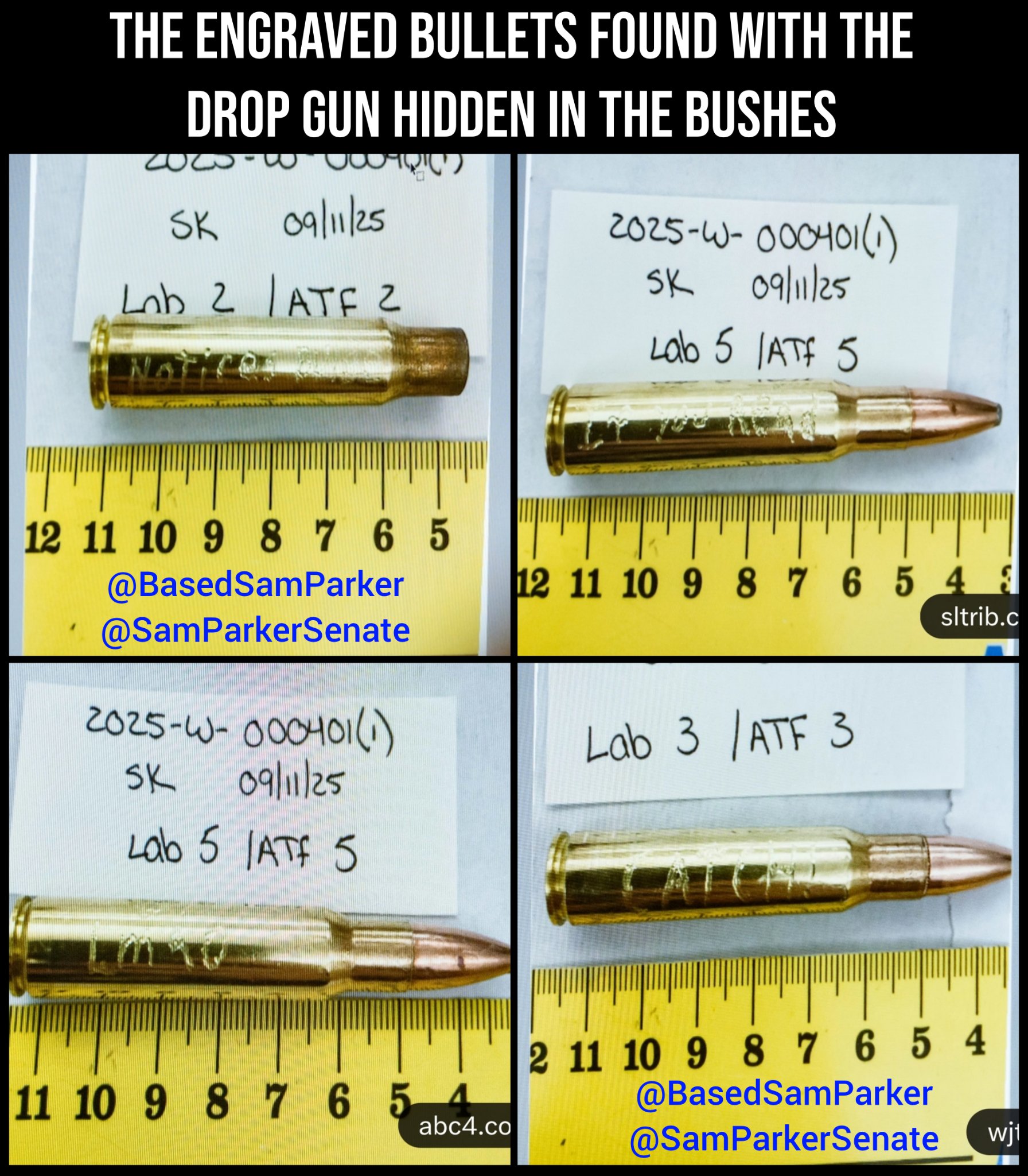 Four-panel composite of engraved .30-06 cartridges photographed beside ATF and lab evidence cards