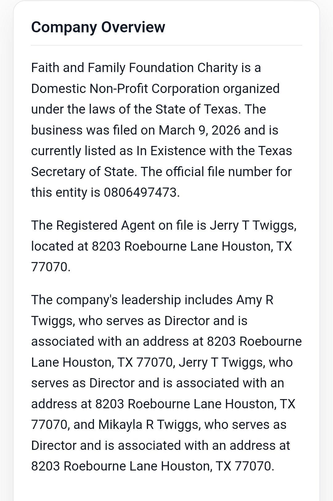 Company overview describing the Faith and Family Foundation Charity
