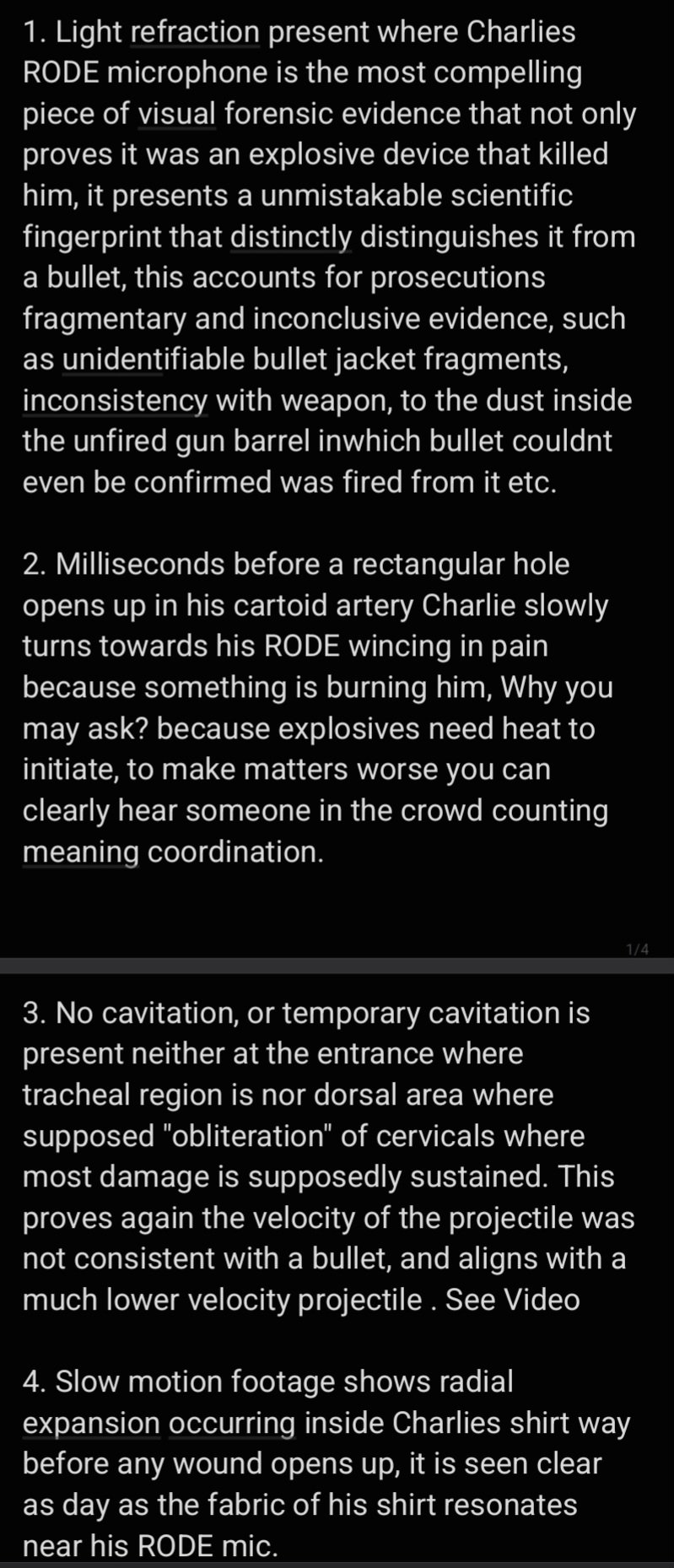 Text card listing forensic-physics points 1 through 4: light refraction at the microphone, Charlie turning toward the RODE while wincing, absence of cavitation, and radial expansion inside the shirt.