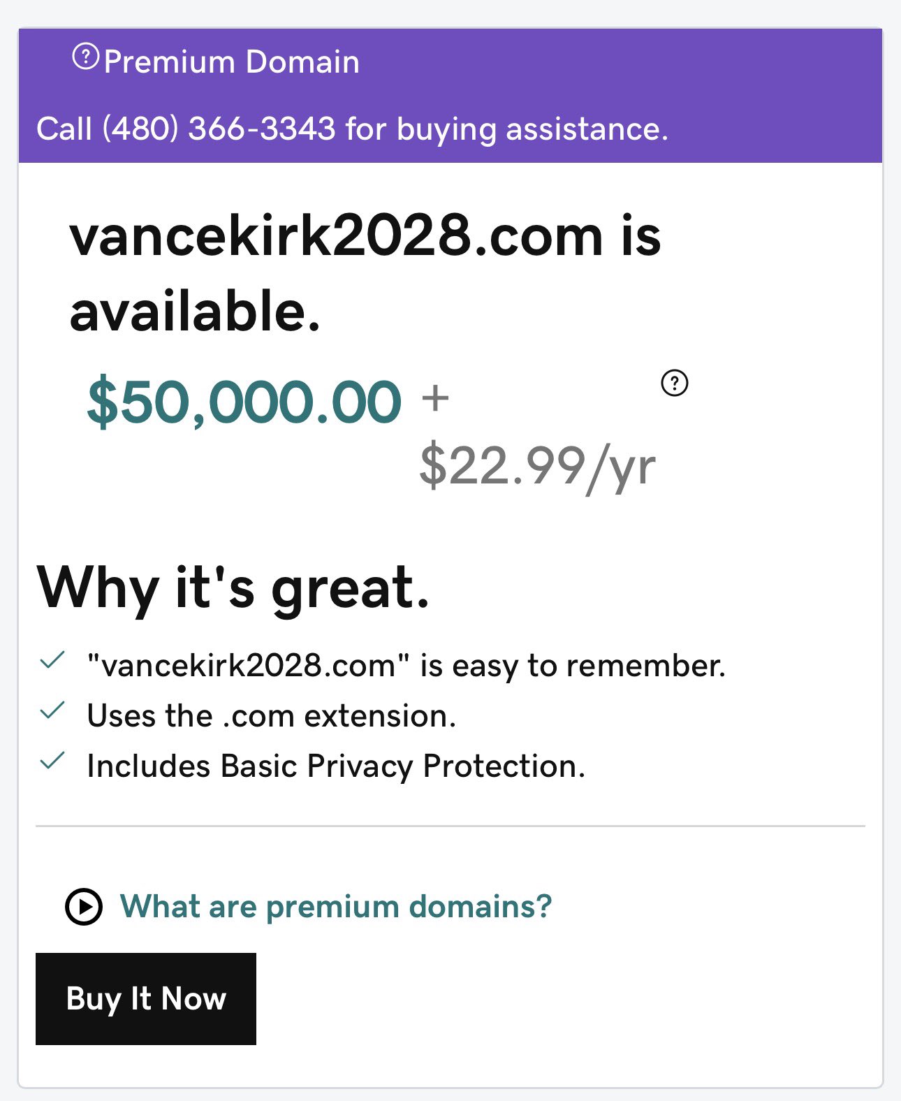 GoDaddy Premium Domain listing showing vancekirk2028.com available for $50,000.00 plus $22.99 per year