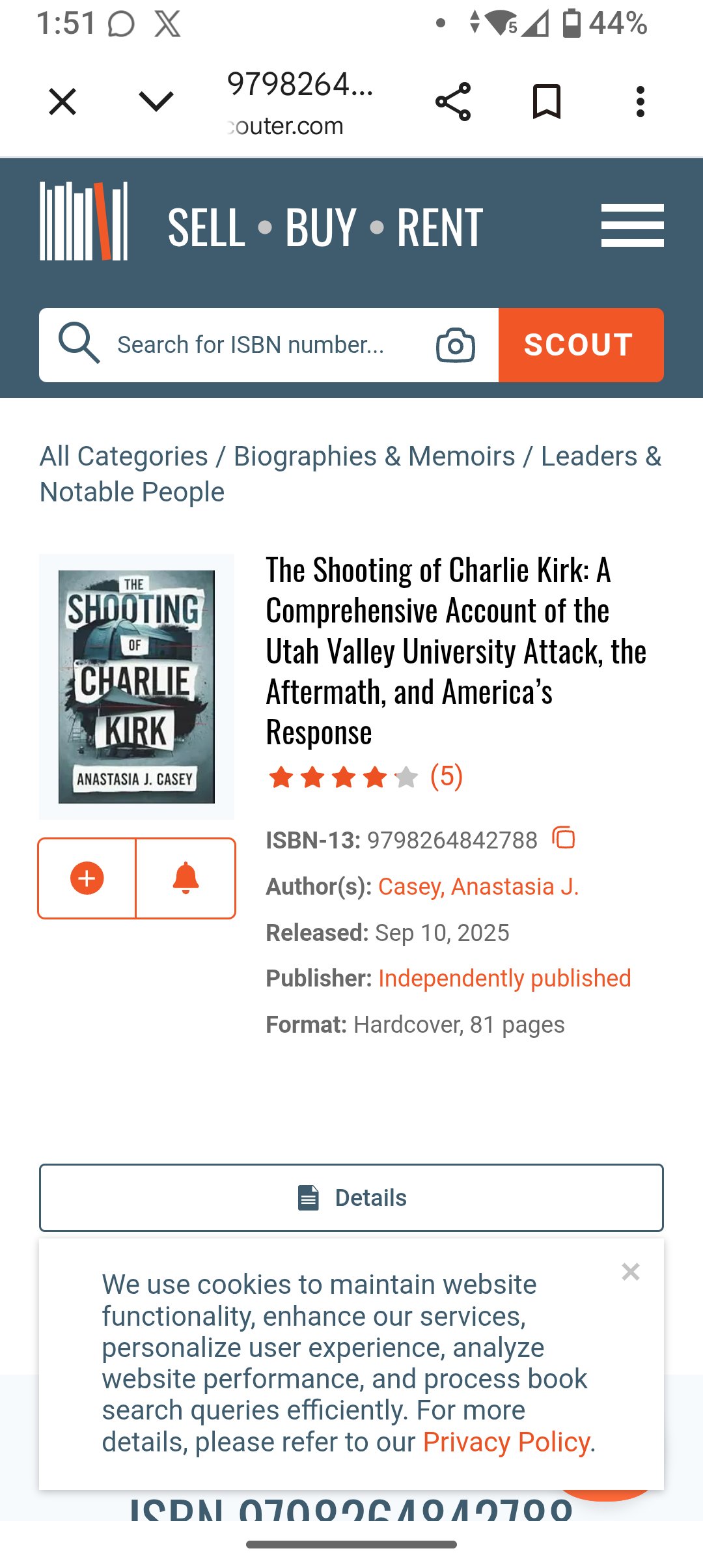 BookScouter listing for The Shooting of Charlie Kirk, ISBN-13 9798264842788, author Casey, Anastasia J., released Sep 10, 2025, independently published, hardcover, 81 pages