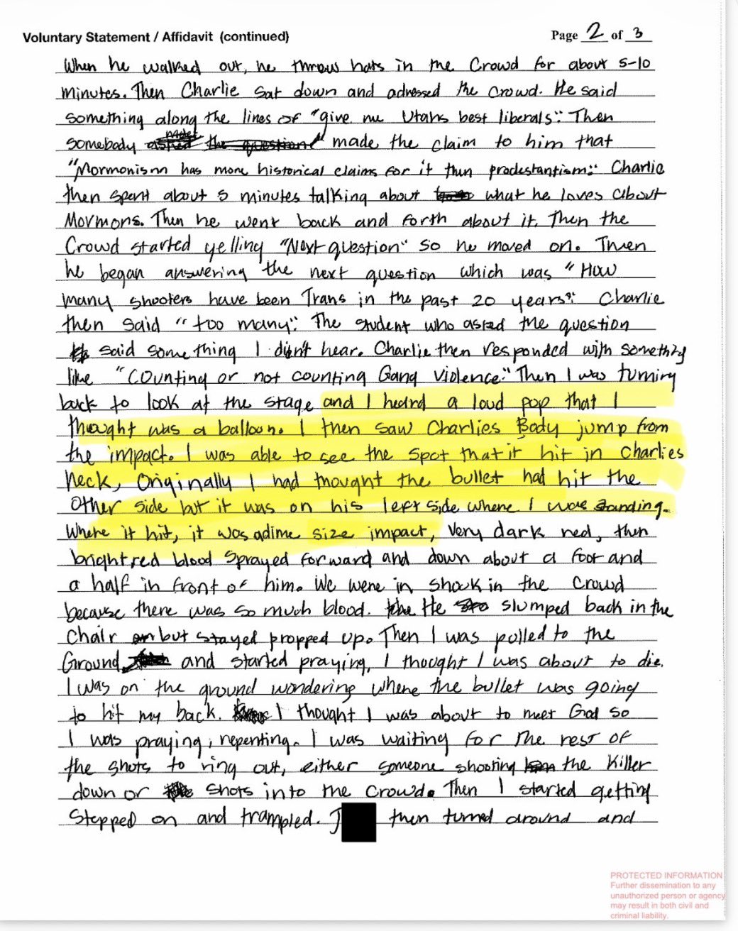 Handwritten Voluntary Statement / Affidavit, page 2 of 3, from an anonymous witness at the Utah Valley University event. The witness name is blacked out. Highlighted passages describe hearing a loud pop, seeing Charlie Kirk's body jump from the impact, and a dime size impact on the left side of his neck.