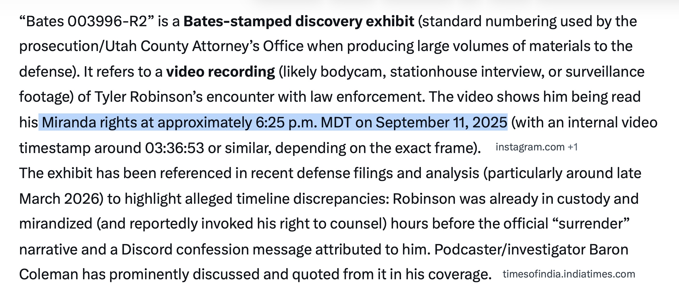 Explainer capture describing Bates 003996-R2, a discovery exhibit video showing Robinson Mirandized at approximately 6:25 PM on September 11, 2025