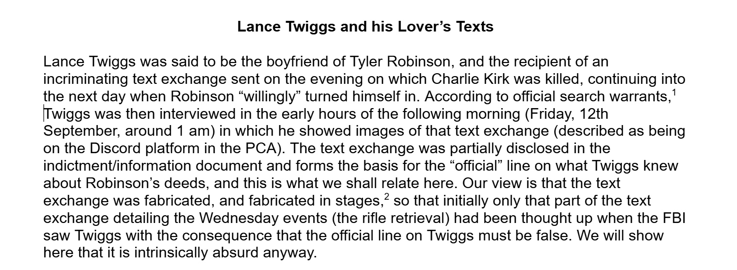 Text excerpt headed Lance Twiggs and his Lover's Texts, setting out a commentator's claim about the sequence in which the text exchange was disclosed