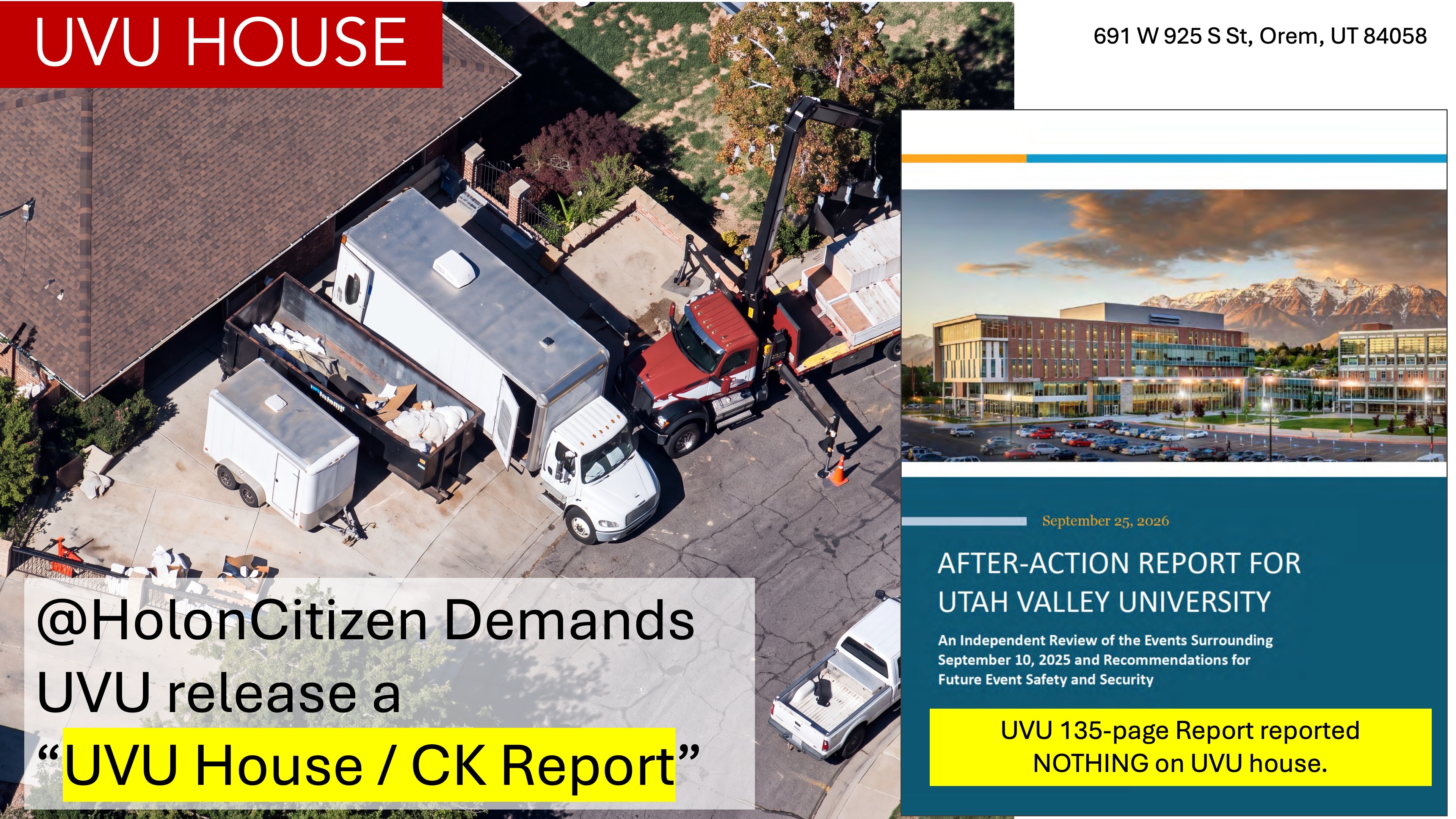 Slide 1: aerial of the UVU house driveway with a box truck, trailer, dumpster, and crane truck, beside the cover of UVU's After-Action Report