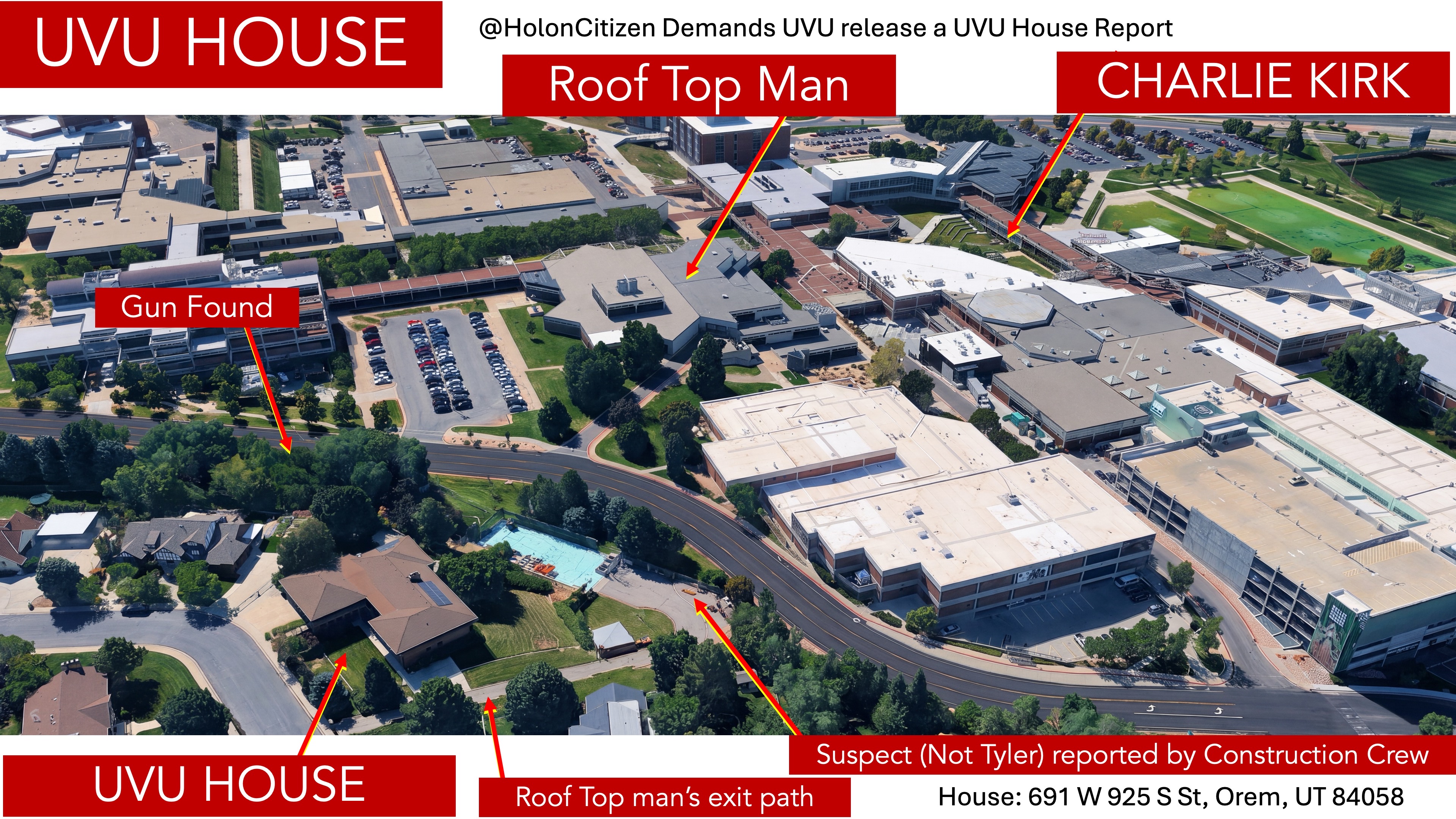 Slide 2: aerial of UVU campus marking Charlie Kirk, the rooftop man, where the gun was found, the construction crew's suspect, the exit path, and the UVU house