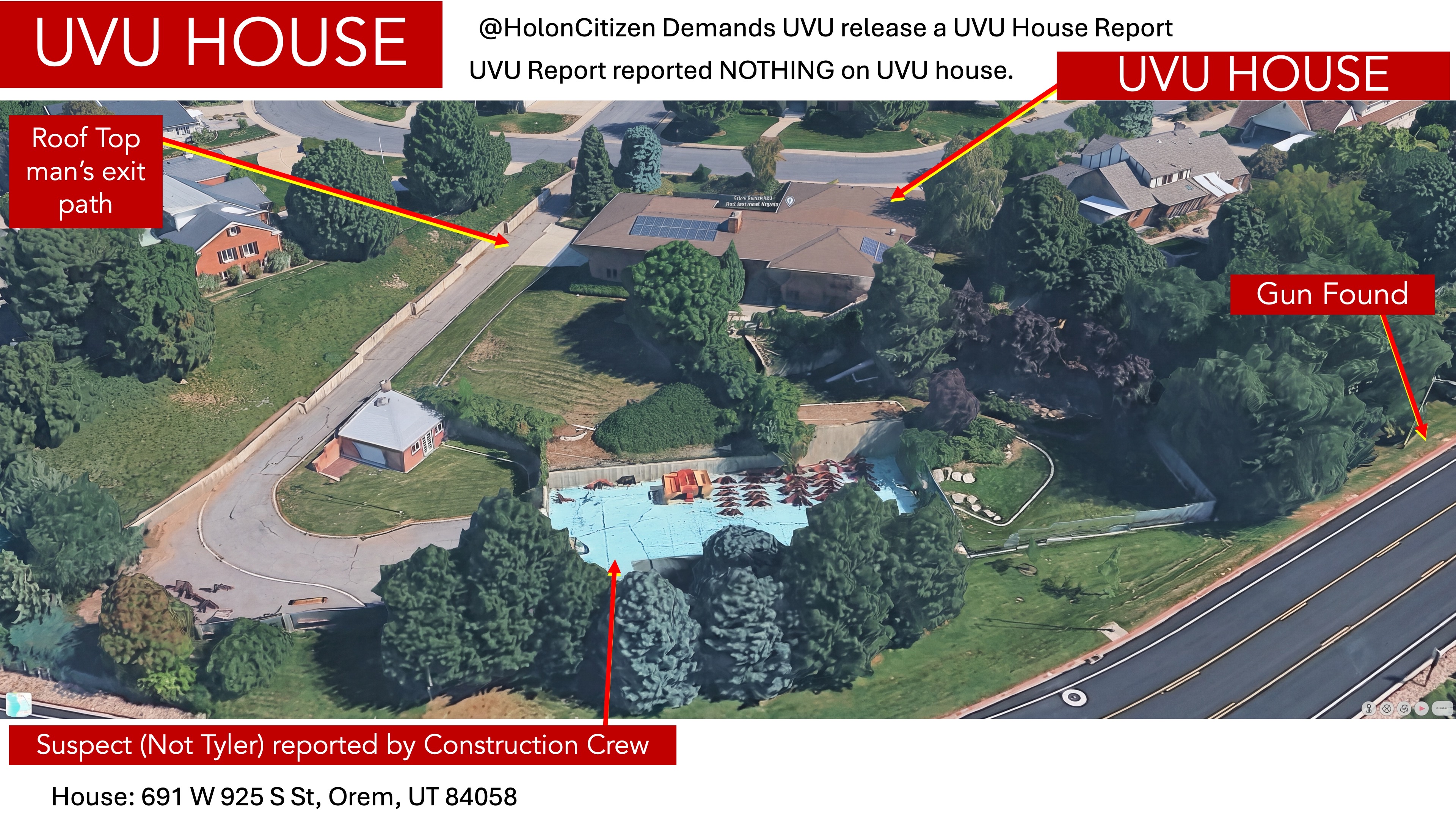 Slide 4: the UVU house with the rooftop man's exit path up the side, the construction site where the suspect was reported, and where the gun was found