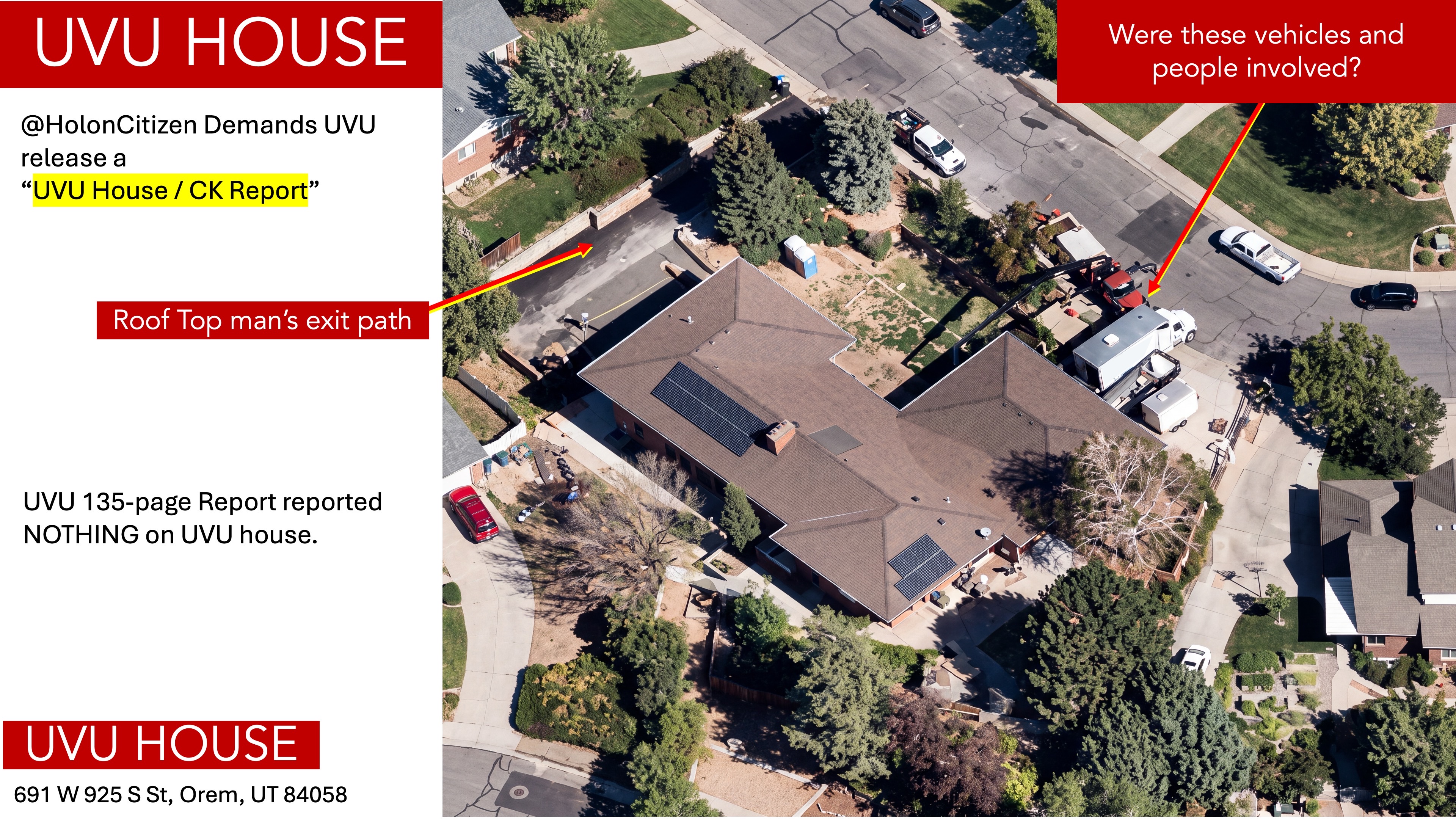 Slide 6: overhead of the UVU house showing the vehicles in front and the exit path beside it
