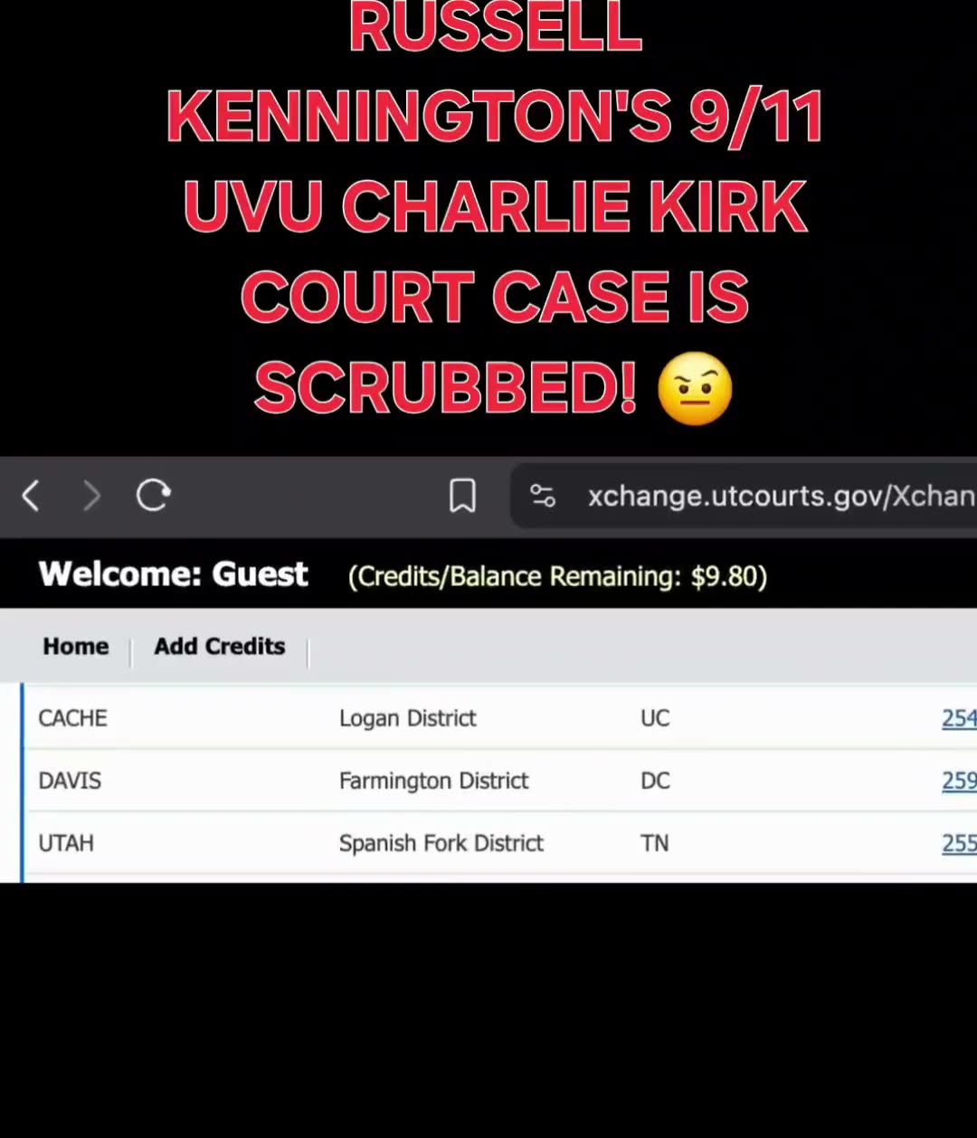 @DiligentDenizen - 0:16 clip of Utah court records search showing Russell Kennington's