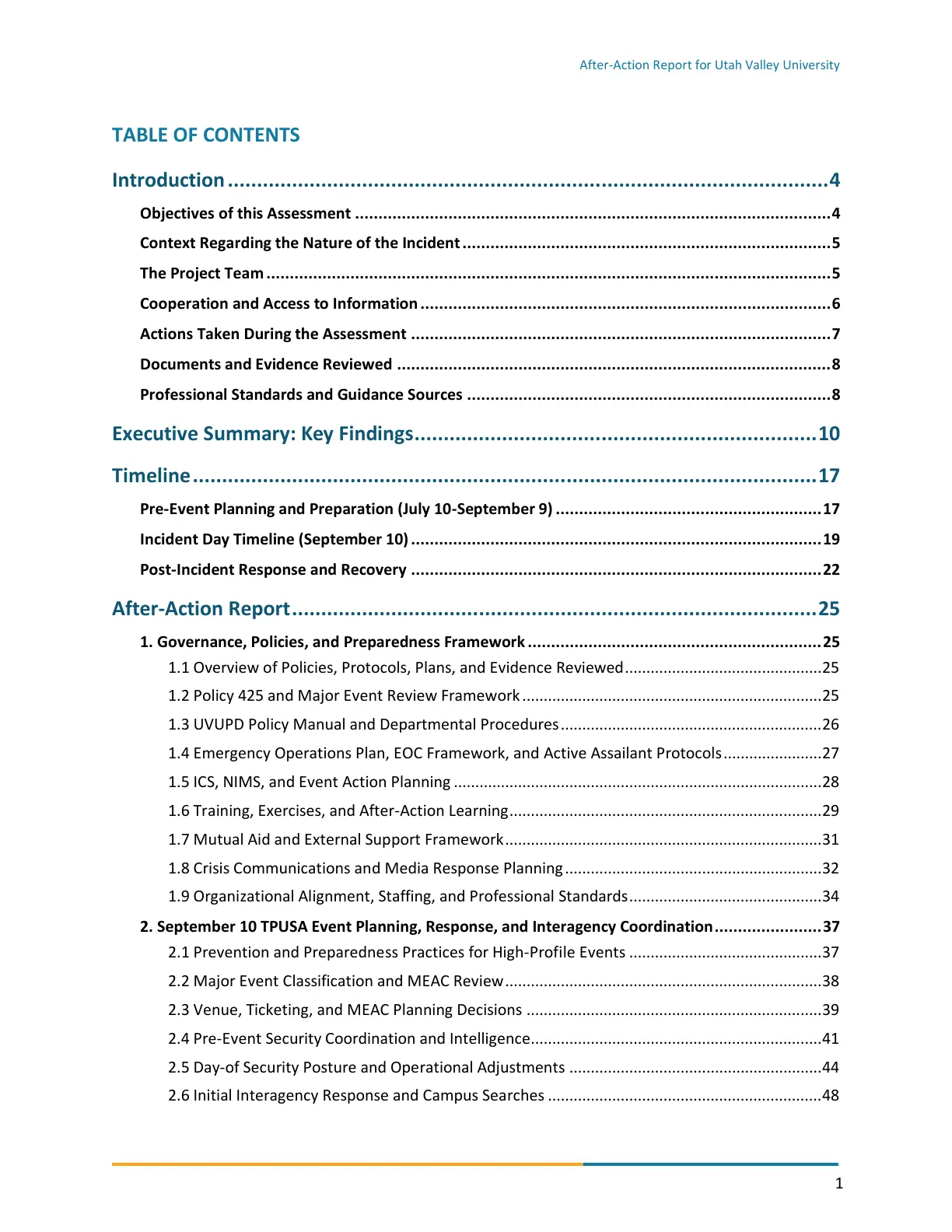 Page 1 of the After-Action Report for Utah Valley University